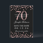 Invitation Rose Gold 70th Birthday Save Date Confetti Black<br><div class="desc">Elégant design "70th Birthday Party" avec faux confetti de parties scintillant et texte de détails. Facile à utiliser et facile à personnaliser. Commandez aujourd'hui !</div>
