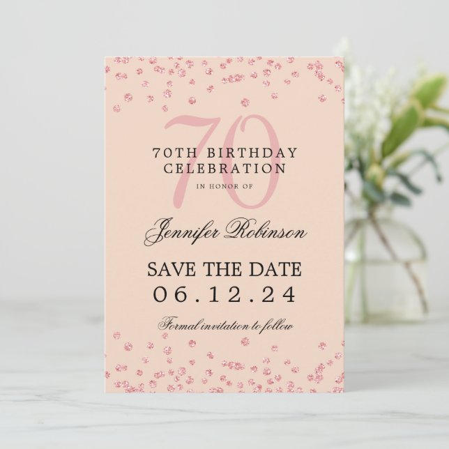 Invitation Rose Gold 70th Birthday Save Date Confetti Blush (Debout devant)