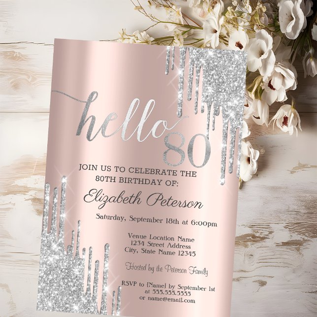 Invitation Rose Gold 80 ans Anniversaire Gouttes de Paillette (Créateur téléchargé)