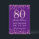 Invitation Rose Gold 80th Birthday Save Date Détails Purple<br><div class="desc">Elégant design "70th Birthday Party" avec faux confettis de parties scintillant & détails texte. Facile à utiliser et facile à personnaliser. Commandez aujourd'hui !</div>