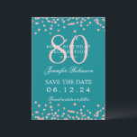 Invitation Rose Gold 80th Birthday Save Date Détails Turquois<br><div class="desc">Elégant design "70th Birthday Party" avec faux confettis de parties scintillant & détails texte. Facile à utiliser et facile à personnaliser. Commandez aujourd'hui !</div>