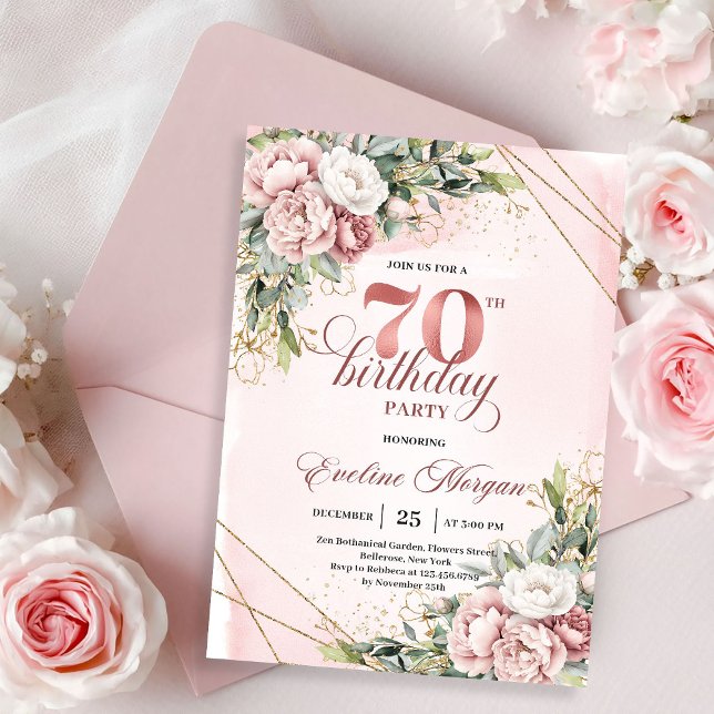 Invitation Rose Gold adorable Eucalyptus Floral 70e Anniversa (Adorable Rose Gold Eucalyptus Floral 70th Birthday Invitation)