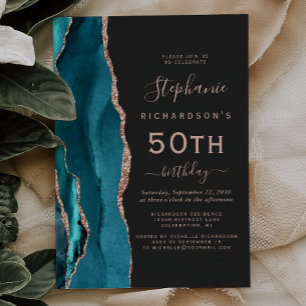Invitation Rose Gold Agate Bleu Cyan Anniversaire 50 Ans Fonc