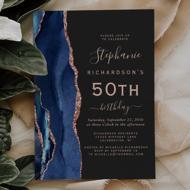 Invitation Rose Gold Agate Bleu Marine 50e Anniversaire Foncé (Créateur téléchargé)