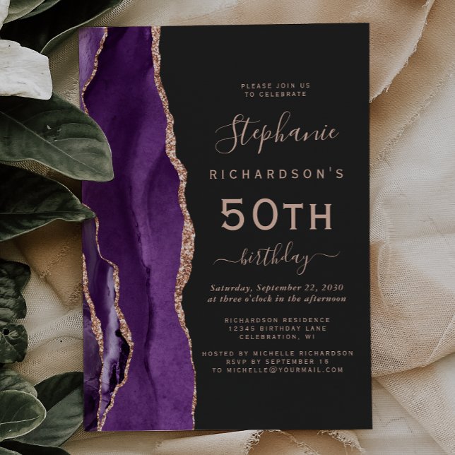 Invitation Rose Gold Agate Violet Foncé 50e Anniversaire (Créateur téléchargé)