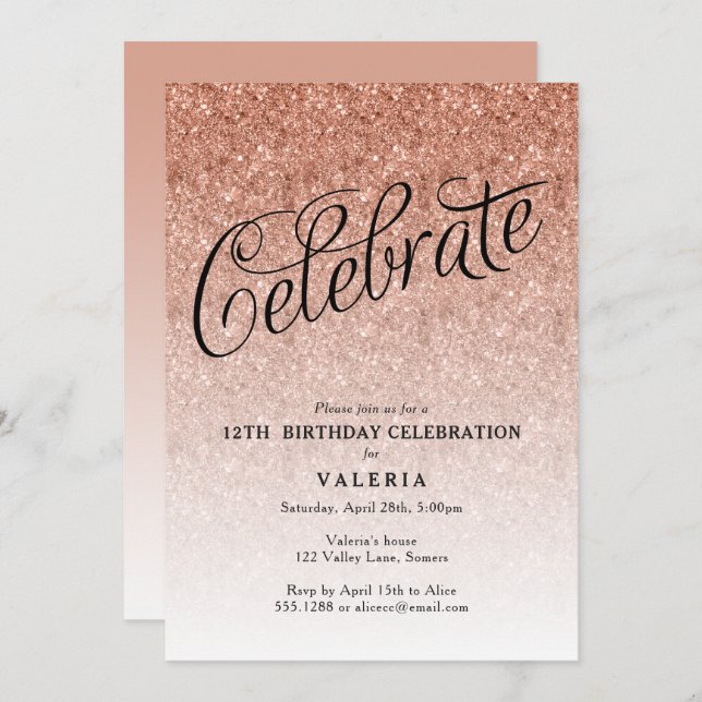 Invitation Rose Gold Anniversaire célébré Parties scintillant (Devant / Derrière)