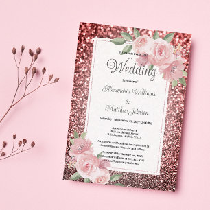 Invitation Rose gold argent pailleté rose floral Mariage