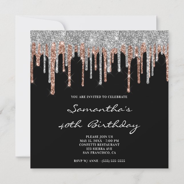 Invitation Rose Gold Argent Paillettes Gouttes Noir 40e Anniv (Devant)