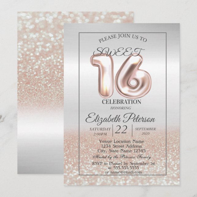 Invitation Rose Gold Argenté Bokeh Fête Douce 16 (Devant / Derrière)
