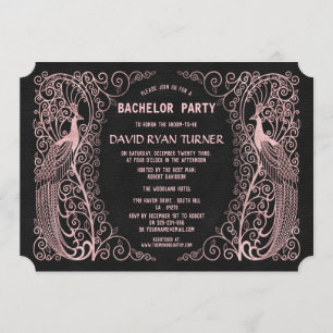 Invitation Rose Gold Art Déco Peacock Black Wedding Invitatio