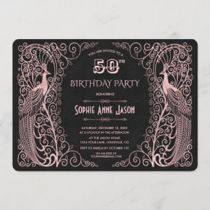 Invitation Rose Gold Art Peacocks 50e fête d'anniversaire