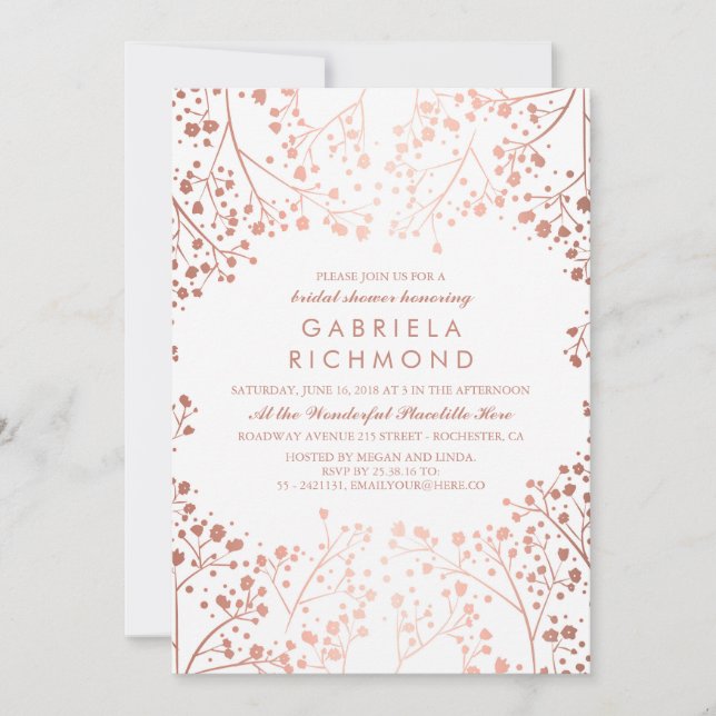 Invitation Rose Gold Baby's Breath Floral Fête des mariées (Devant)