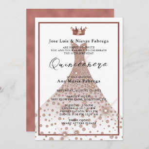 Invitation Rose Gold Ball Gown & Tiara Quinceañera Anniversai