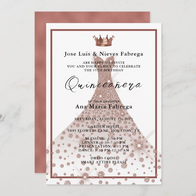 Invitation Rose Gold Ball Gown & Tiara Quinceañera Anniversai (Devant / Derrière)