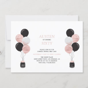 Invitation Rose Gold & Ballon Noir Moderne 60 Fête d'annivers