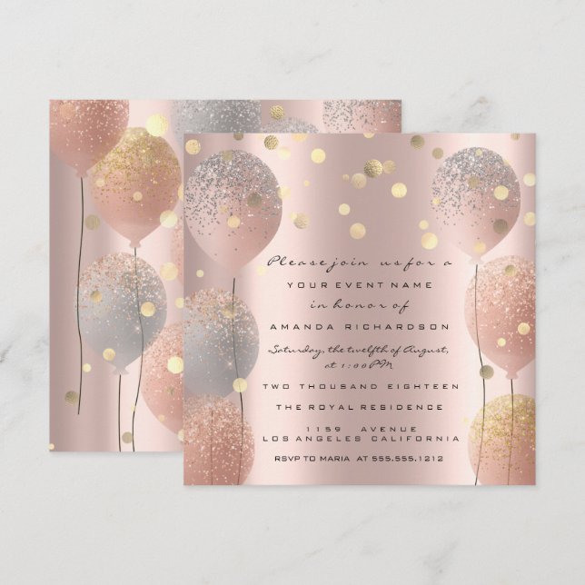 Invitation Rose Gold Ballon Pailleté Fête de Mariage Douce 16 (Devant / Derrière)