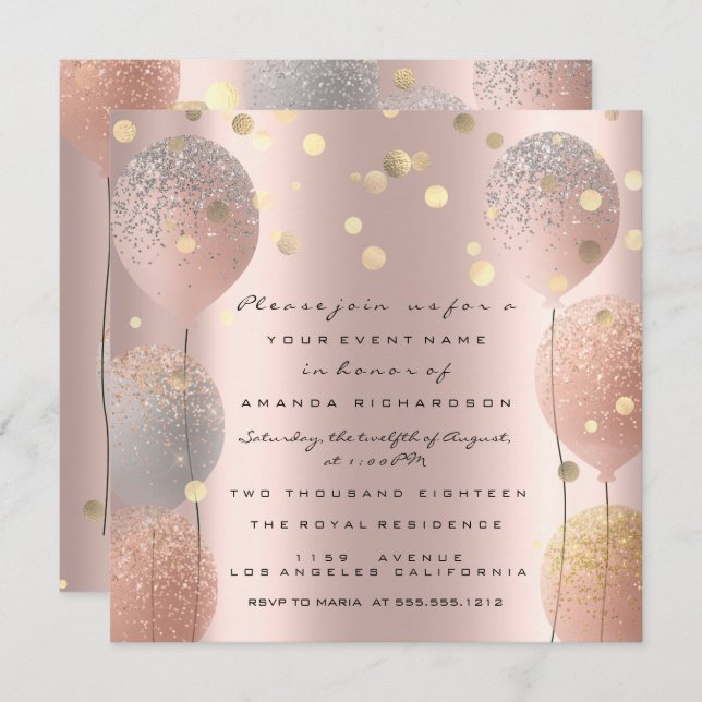 Invitation Rose Gold Ballon Pailleté Fête de Mariage Douzième (Devant / Derrière)