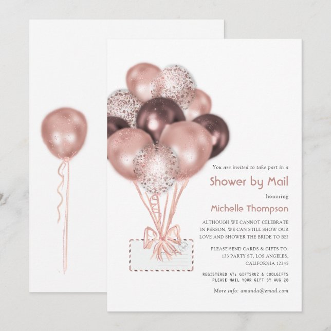 Invitation Rose Gold Balloon Baby ou Fête des mariées par la  (Devant / Derrière)