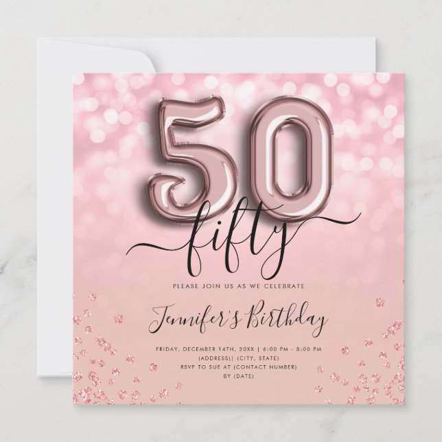 Invitation Rose Gold Balloon Parties scintillant 50e annivers (Devant)