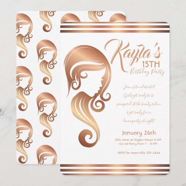 Invitation Rose Gold Beauty Girl Salon de coiffure et de maqu (Devant / Derrière)