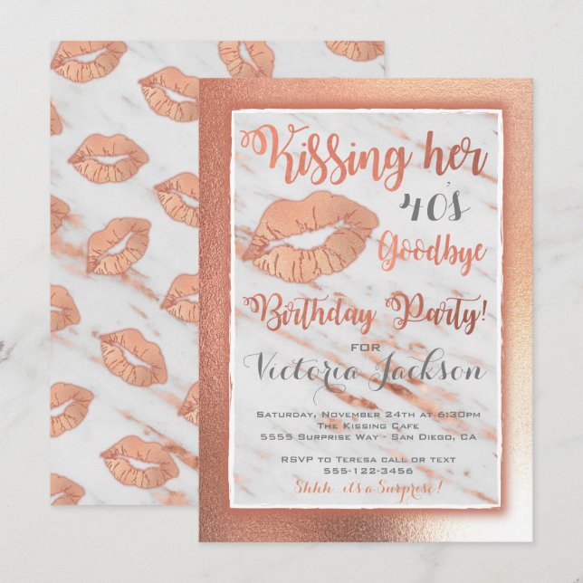 Invitation Rose Gold Birtdhay Party baiser lèvres sur marbre (Devant / Derrière)