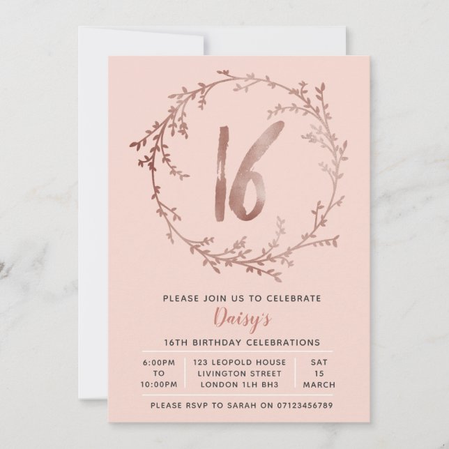 Invitation Rose Gold Birthday Girls 16e anniversaire invitati (Devant)