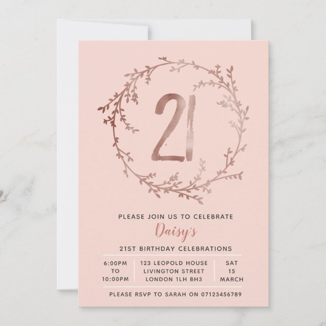 Invitation Rose Gold Birthday Girls 21e anniversaire invitati (Devant)