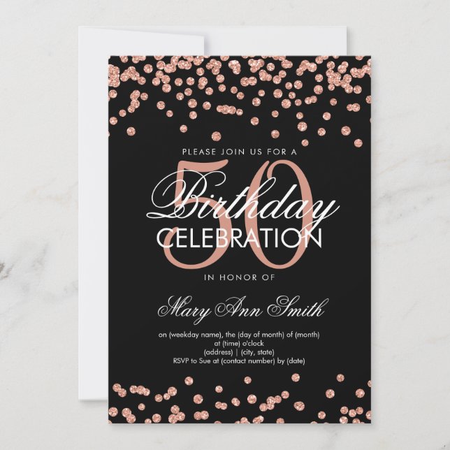 Invitation Rose Gold Black 50e anniversaire Parties scintilla (Devant)