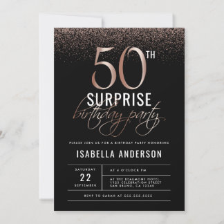 Invitation Rose Gold & Black 50th Surprise Anniversaire Party