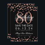 Invitation Rose Gold Black 80th Birthday Save Date Confetti<br><div class="desc">Elégant design "80e anniversaire fête" avec Rose Gold Faux Parties scintillant Confetti Noir et nom personnalisé et texte de détails. Facile à utiliser et facile à personnaliser. Commandez aujourd'hui !</div>