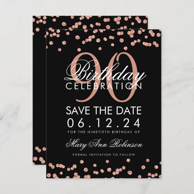 Invitation Rose Gold Black 90th Birthday Save Date Confetti (Devant / Derrière)