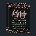 Invitation Rose Gold Black 90th Birthday Save Date Confetti<br><div class="desc">Elégant design "90e anniversaire fête" avec Rose Gold Faux Parties scintillant Confetti Noir et nom personnalisé et texte de détails. Facile à utiliser et facile à personnaliser. Commandez aujourd'hui !</div>
