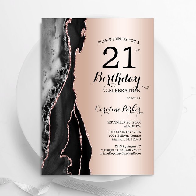 Invitation Rose Gold Black Agate 21e anniversaire (Créateur téléchargé)