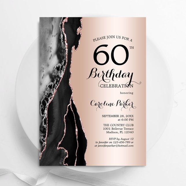 Invitation Rose Gold Black Agate 60e anniversaire (Créateur téléchargé)