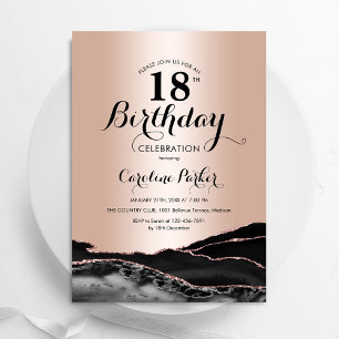 Invitation Rose Gold Black Agate Marbre 18e anniversaire