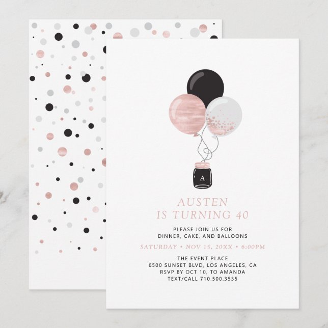 Invitation Rose Gold & Black Balloons Fête d'anniversaire mod (Devant / Derrière)