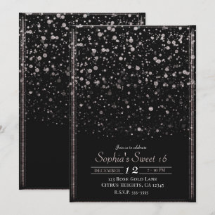 Invitation Rose Gold & Black Confetti Splatter Sweet 16 Party