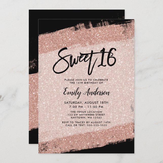Invitation Rose Gold Black Faux Parties scintillant Brush Swe (Devant / Derrière)