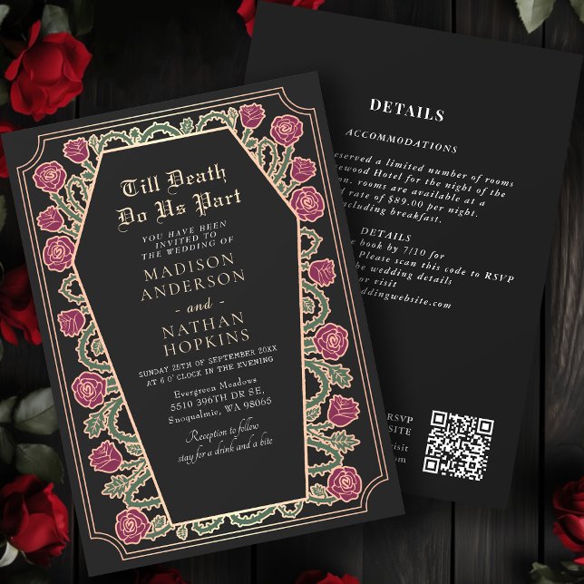 Invitation Rose Gold Black Gothique Coffin Mariage QR Code (Créateur téléchargé)