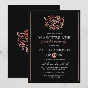Invitation Rose Gold & Black Masquerade Sweet 16 Typographie