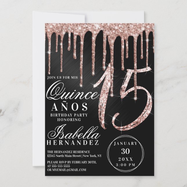 Invitation Rose Gold Black Metallic Parties scintillant Drive (Devant)