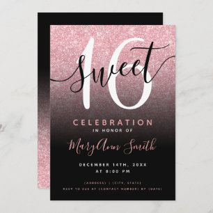 Invitation Rose Gold Black Parties scintillant Ombre 16e anni