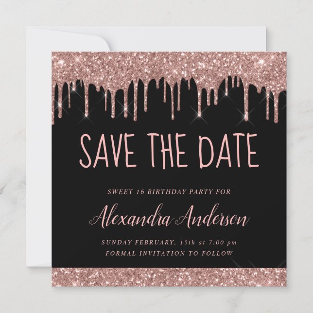 Invitation Rose Gold Black Parties scintillant Sweet 16 Enreg (Devant)