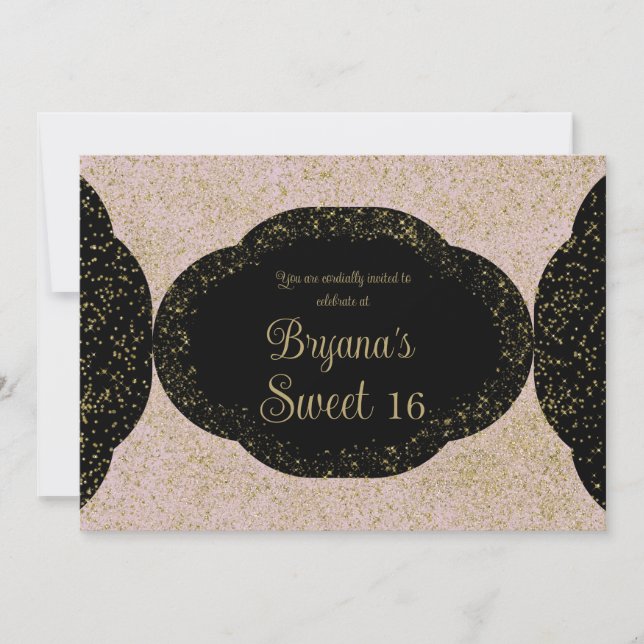 Invitation Rose Gold Black Starry Glitter Sweet 16 Anniversai (Devant)