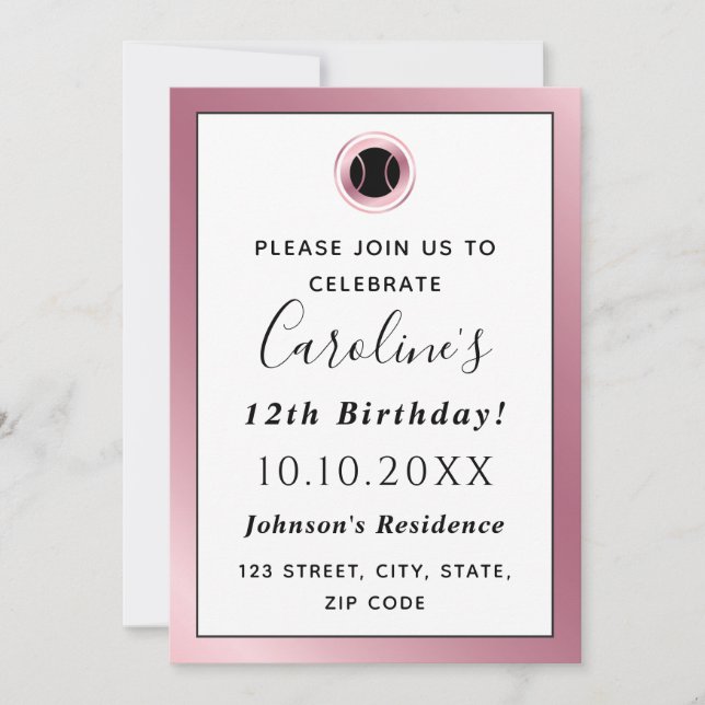 Invitation Rose Gold Black Tennis Ball mignonne Girly Athleti (Devant)