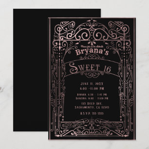 Invitation Rose Gold Black Vintage Victorian Déco Sweet 16