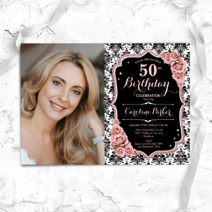 Invitation Rose Gold Black White Damask Photo 50e anniversair