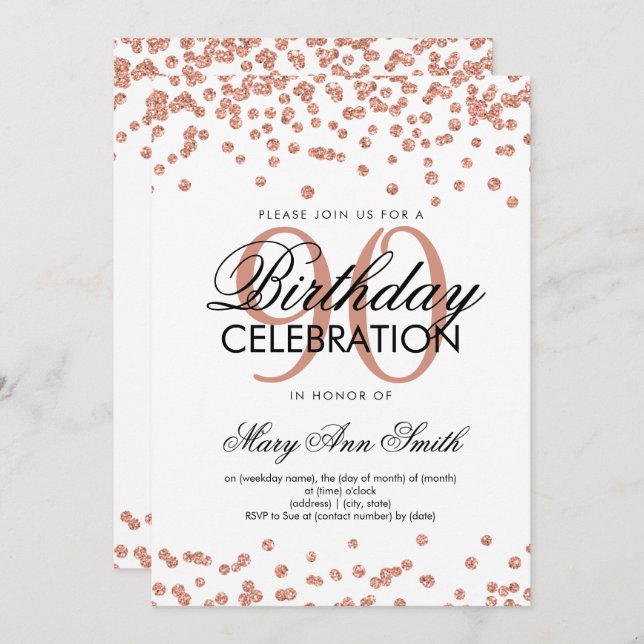 Invitation Rose Gold Blanc 90e anniversaire Parties scintilla (Devant / Derrière)