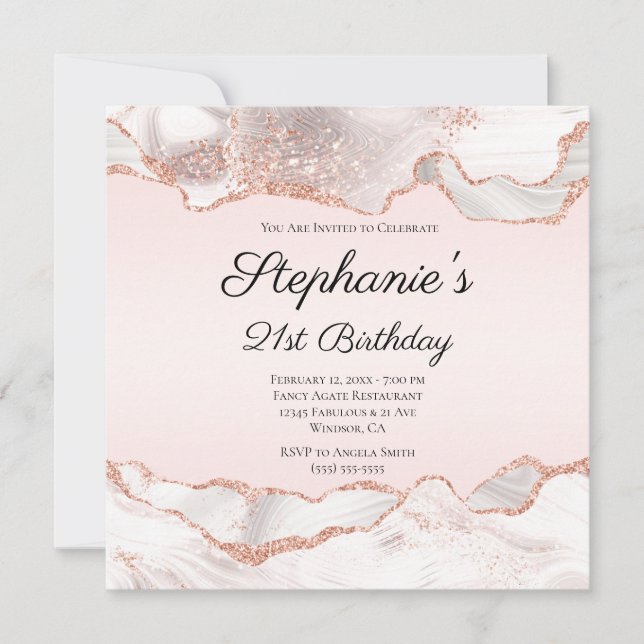 Invitation Rose Gold Blanc Agate Rose Clair 21e Anniversaire (Devant)