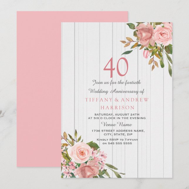 Invitation Rose Gold Blanc Fardé 40ème Anniversaire de Mariag (Devant / Derrière)